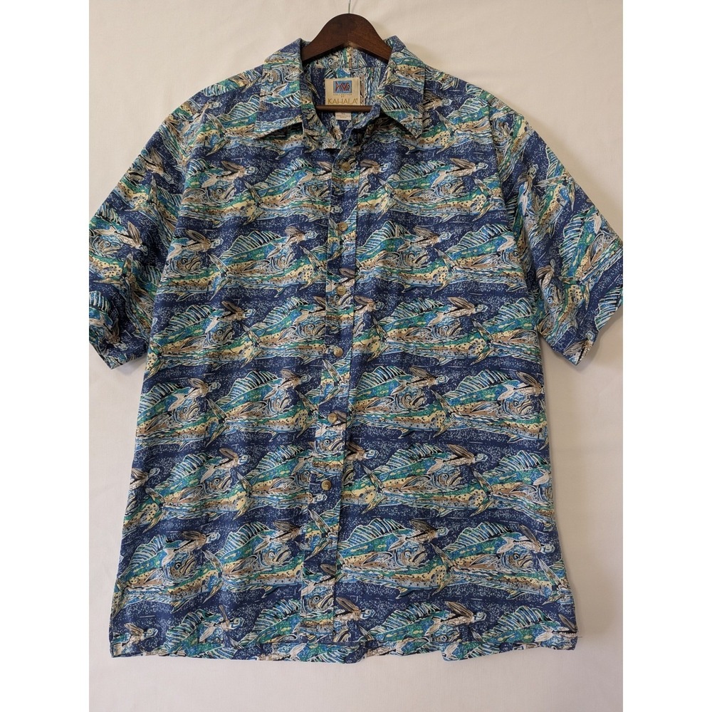 Kahala AVI Collection Mens XL Hawaiian Shirt Blue Flying Fish Cotton Hawaii